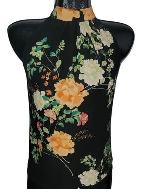 Rose & Olive Black Floral Halter Top with Orange & Cream Blooms Size XS